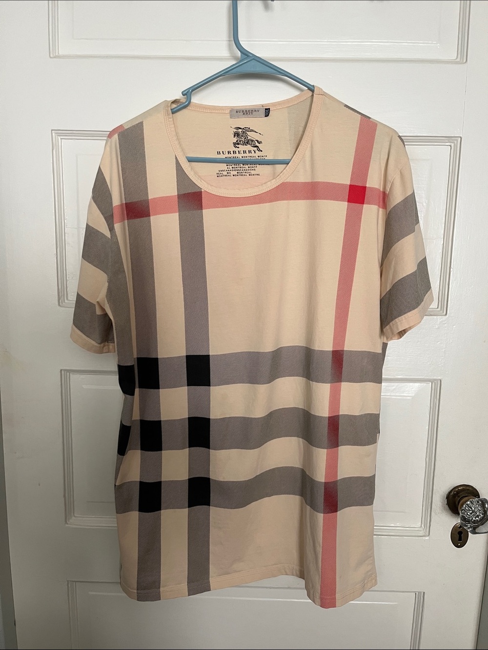 Burberry Beige Check Short Sleeve Crew Neck Tee with Red Accent